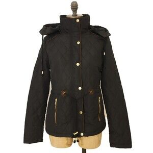 Love Tree Quilted Jacket Size S Hooded Faux Fur Lined Zip Black NEW B95